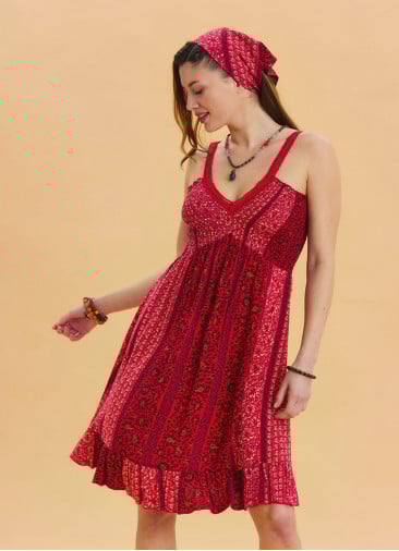 Strap Lace Collar Red Floral Dress 4574